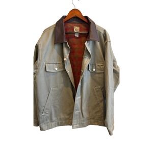 POS Vintage Mens Workwear Jacket Leather Collar Canvas Trucker Flannel   sz L